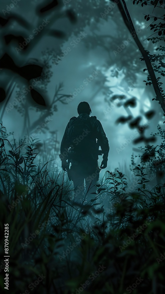 Sticker Silhouetted Protagonist Fleeing Through Dense Undergrowth in Moody Twilight Wilderness