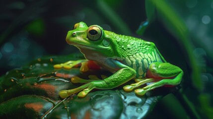 Obraz premium Close-up of a striking neon green tree frog perched on a leaf