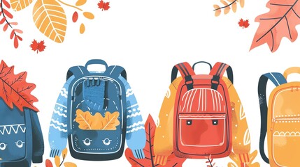 Autumn themed illustration with backpacks and sweaters.