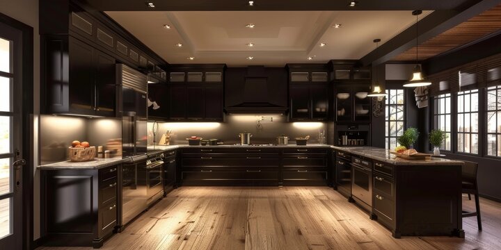 Interior large dark kitchen. Modern home design with luxury contemporary apartment architecture and stylish furniture. Empty space ideal for cooking and indoor living.





