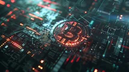 Dynamic cryptocurrency banner with glowing bitcoin symbol, digital elements, and trading graphs