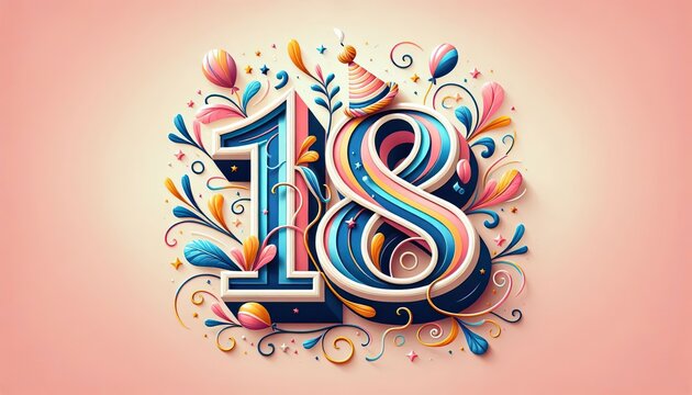 Decorative number 18 with intricate floral and ornamental design, creative and artistic representation for birthdays or anniversaries