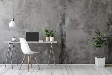Modern home office interior with grey desk, white chair and laptop on table against wall with copy space for text stock