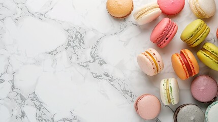 Colorful Assorted Macarons on Marble Countertop with Space for Text - Perfect for Advertising and Print Design