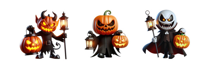 Halloween cartoon evil characters holding pumpkin lantern, Halloween Day special set of against Transparent background