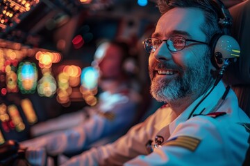 Fototapeta premium Smiling senior pilot in cockpit, bright and warm lighting enhances atmosphere. Reflects joy and passion for flying, highlighting camaraderie and teamwork among experienced aviators.