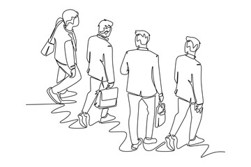 Single one line drawing top view of young male employees walking together rushed so as not to be late for work. Urban commuter workers concept. Continuous line draw design graphic vector illustration