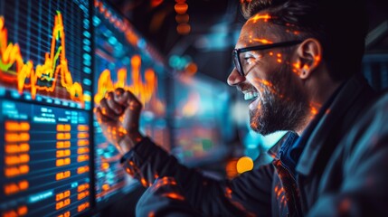 Obraz premium Excited stock trader cheering successful trade, illuminated by vibrant market data on screen. Indoors, dynamic lighting, reflecting joy, achievement, financial success in high-energy trading.
