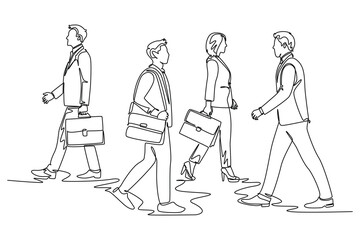 Single one line drawing group urban commuters walking pass over and over again on city street go to the office. Urban commuter workers. Modern continuous line draw design graphic vector illustration