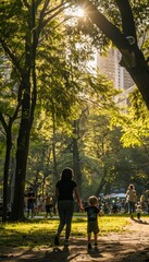 Fototapeta premium Mother and Child Walking Hand in Hand Through Bustling City Park Under Tall Trees