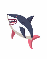 Naklejka premium Red fin full color cartoon blue killer shark with large sharp teeth. Video game asset completely lossless resizable vector art design on white background generative ai