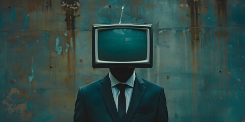 TVheaded businessman in suit propagates addiction and disinformation for manipulation. Concept Manipulation, Addiction, Disinformation, TVheaded Businessman, Suit