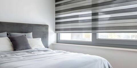 Modern bedroom with gray blackout roller blinds and plastic window shutters. Concept Home decor, Bedroom essentials, Window treatments, Modern design, Interior styling