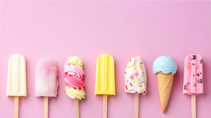 Set of Ice creams with different flavors on pink background