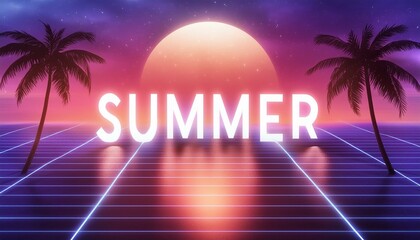 Naklejka premium Summer Cyberpunk Background - Colorful Vaporwave Beach Background or Wallpaper - Summer Text - Sunset on the Beach with Sea and Palm Trees - Synthwave or Retro, Retrowave Style 