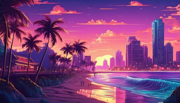 Summer Cyberpunk Background - Colorful Vaporwave Beach Background or Wallpaper - Summer Text - Sunset on the Beach with Sea and Palm Trees - Synthwave or Retro, Retrowave Style 