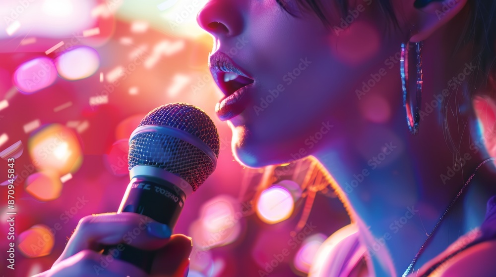 Aufkleber dynamic singer performance with colorful bokeh background - ideal for music posters and event promot