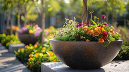 Round garden planter with colorful flowers in background   realistic photo for article thumbnail