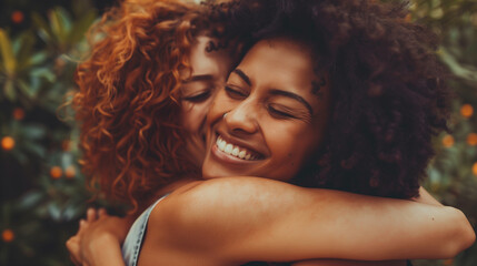 A pair of friends hugging each other tightly, joyful expressions on their faces as they celebrate a special moment , friends, genuine, hug