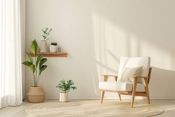 Modern living room interior with a white armchair, wooden shelf and potted plant on a beige carpet near a wall with a copy space saying text.