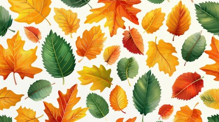 Fototapeta premium A vibrant pattern of autumn and green leaves in various shapes and colors on a white background, perfect for seasonal and nature-themed designs.
