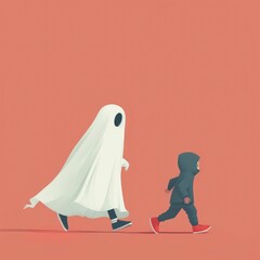 Fototapeta premium A minimalist illustration of two children dressed in ghost and hooded costumes walking on a peach background.
