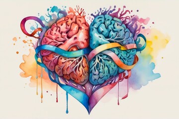 Watercolor illustration of human heart and brain connected by flowing ribbons, emotions and mental health background.
