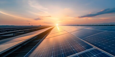 Solar panels on factory roofs absorb sunlight to generate electricity. Concept Renewable energy, Solar power, Sustainable practices, Energy efficiency, Industrial technology