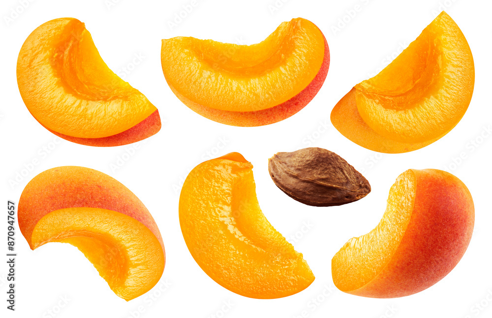 Wall mural set of apricot slices isolated on a transparent background, from different angles.