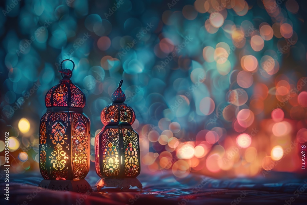 Poster arabic lanterns of different sizes and colors glowing softly against the backdrop of soft bokeh ligh