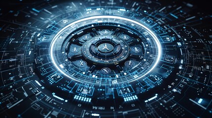 illustration of a technology circle made up of digital and analog clock faces. Round technology energy ring background. Futuristic outer space zodiac horoscope astrology symbol background. 