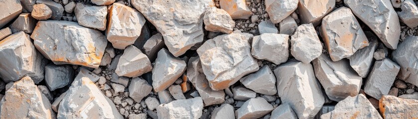 Close-up of large gray stones and rocks arranged haphazardly, showcasing natural textures and rugged surfaces.