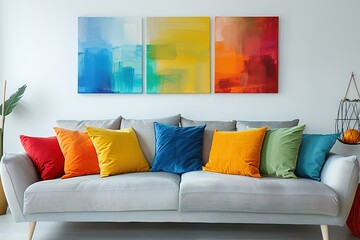 Stylish interior of living room with sofa, colorful pillows and paintings on the white wall.