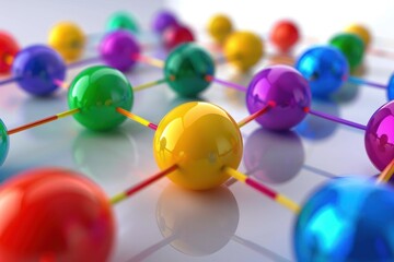 Obraz premium Communication and connection concept with color spheres connected by wires. ai generative