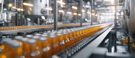 Fototapeta premium AI generator image of Factory interior of beverage, Production line of manufacturing and packaging juice products, Close up, Glass bottles with screw caps standing on a conveyor belt.