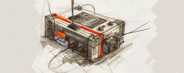 A detailed sketch of a portable field radio, featuring its antenna, control knobs, and battery pack. The white background emphasizes the radio's design and communication capabilities.