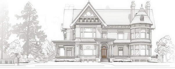 Obraz premium A detailed sketch of a Victorian-era townhouse, with ornate trim, bay windows, and a steep gabled roof. The white background emphasizes the intricate and historic details of the architecture.