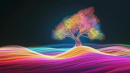 A radiant tree stands illuminated by multicolored light pathways against a dark night backdrop. The tree's vibrant hues create a surreal and mesmerizing visual effect. The scene evokes a sense of - Powered by Adobe