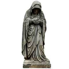 Obraz premium Carved stone statue of a draped, sorrowful figure isolated on a transparent background