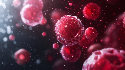 Red and white spheres cell stacked on dark background.  red cells with oxygen flowing in blood. microscope, medical field, analysis in laboratories. 