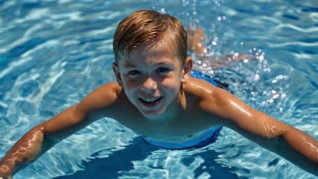 Young boy Playing in blue water of pool Summertime
