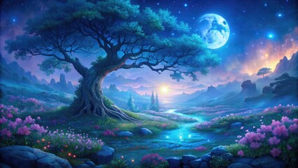 Majestic tree under a starry night sky.
