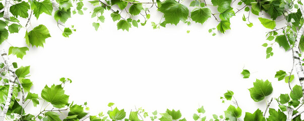 Fototapeta premium A frame of birch leaves and branches, isolated on a white background. The light green leaves and white bark form a fresh and airy border.