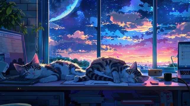Cute anime style cats are sleeping on the desk in the room. lofi interior concept.