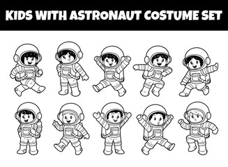 Kids with astronaut costume set outline vector illustration