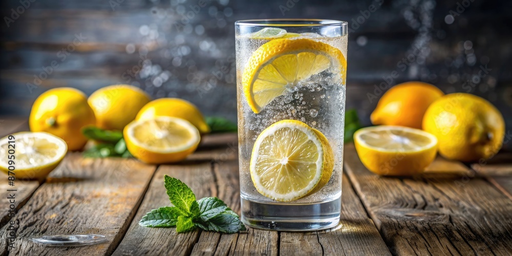 Poster Refreshing lemon water with ice and mint.