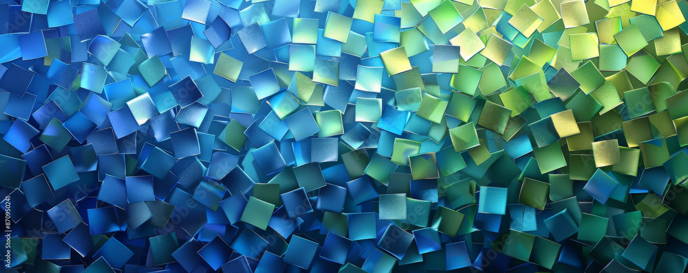 Poster a geometric mosaic pixel background in shades of blue and green. the sharp edges and varied shades c