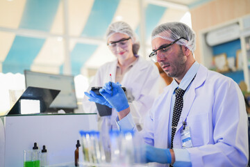 scientist doctors wear lab coat. Chemicals serums and antibiotics are being tested for treatment of people and animals. and make dietary supplements. product testing room clean in a modern laboratory.