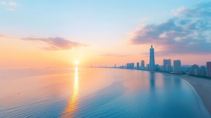 Obraz premium Aerial view of city skyline at sunrise over the ocean.
