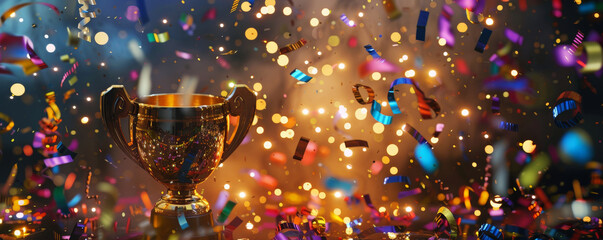 A golden trophy surrounded by vibrant confetti and streamers, set against a backdrop of sparkling lights. The scene radiates joy and triumph, capturing the essence of a winner's celebration.